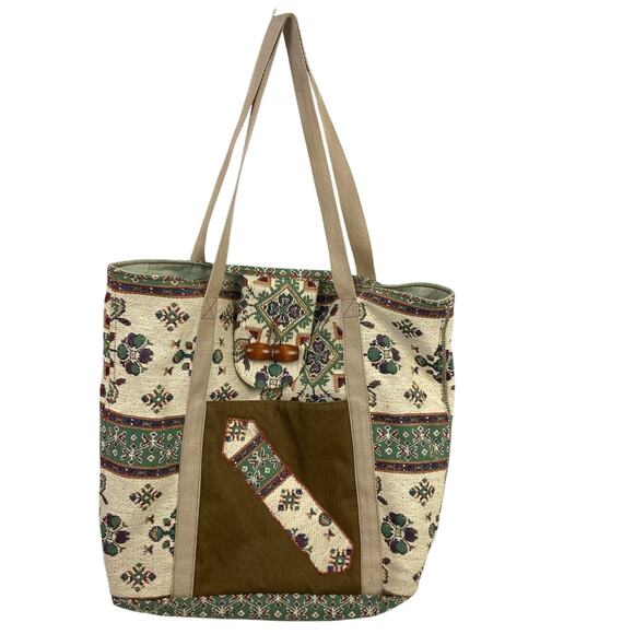 Handmade Tote Bag Cream Patchwork Floral Tapestry Wood Button Crafts Folk Retro - Picture 1 of 13